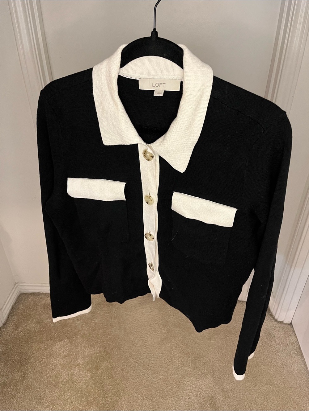 LOFT Black with White Trim Contrast Collar Cardigan